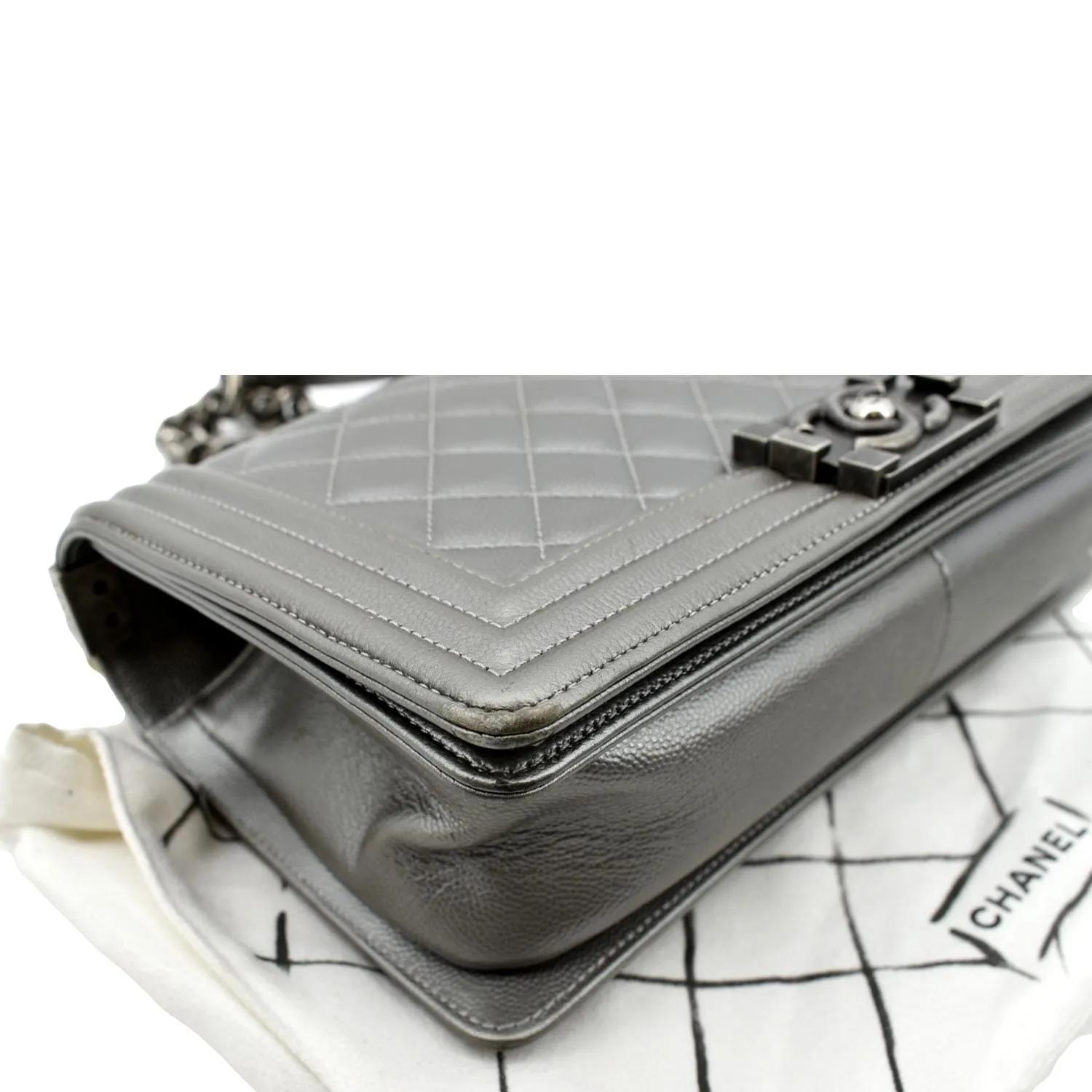 CHANEL Boy Flap Caviar Leather Crossbody Bag Grey
