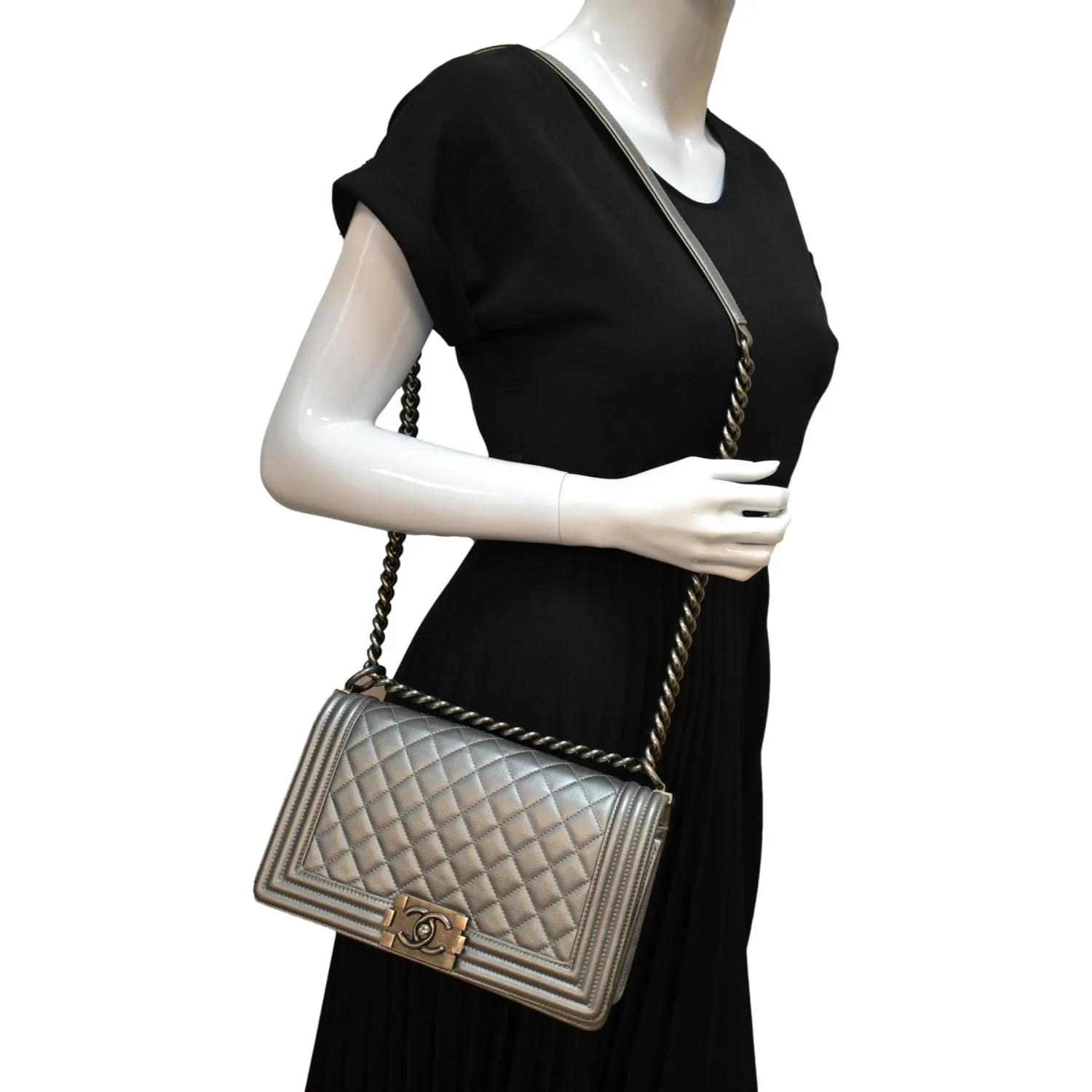 CHANEL Boy Flap Caviar Leather Crossbody Bag Grey