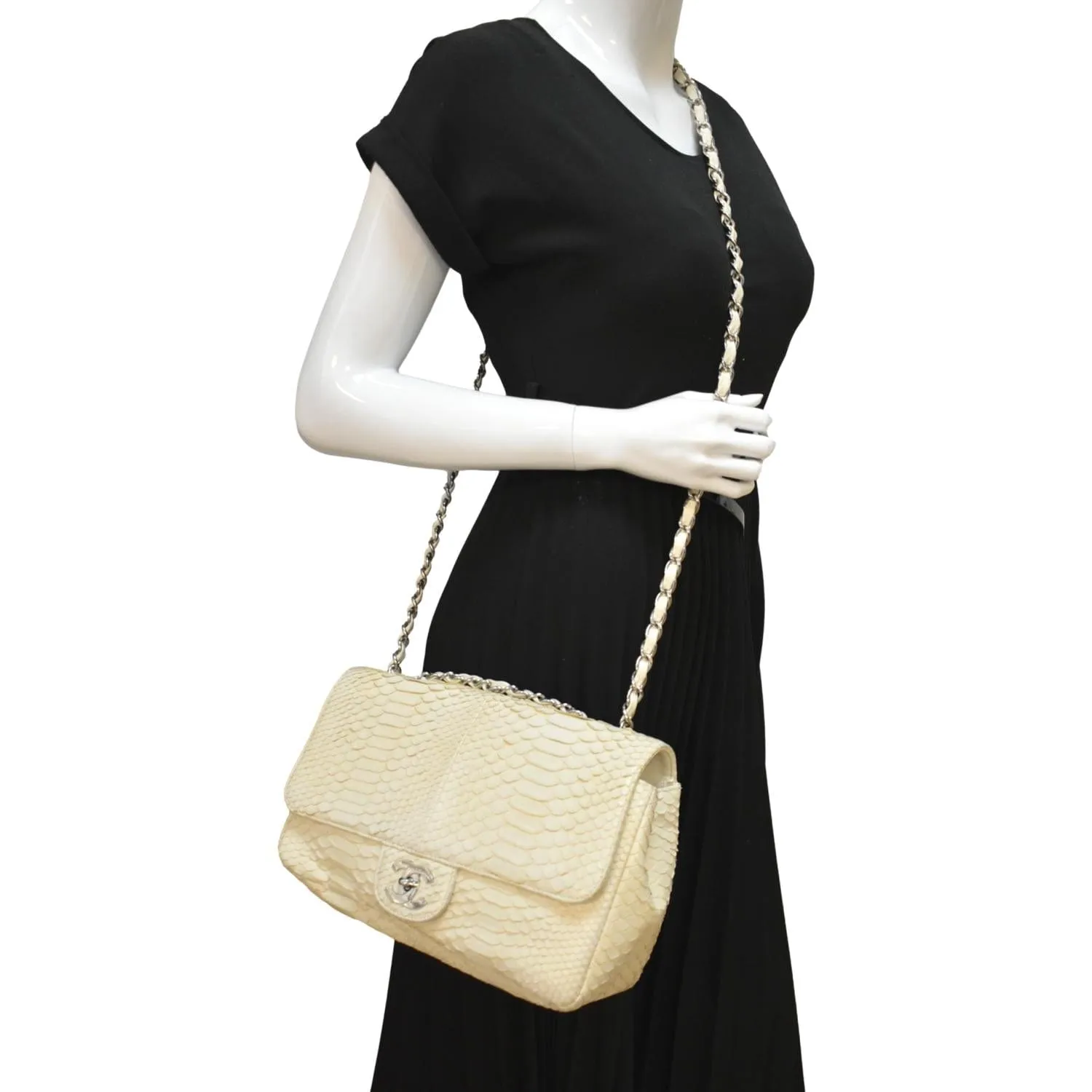CHANEL Flap Python Leather Crossbody Bag Ivory
