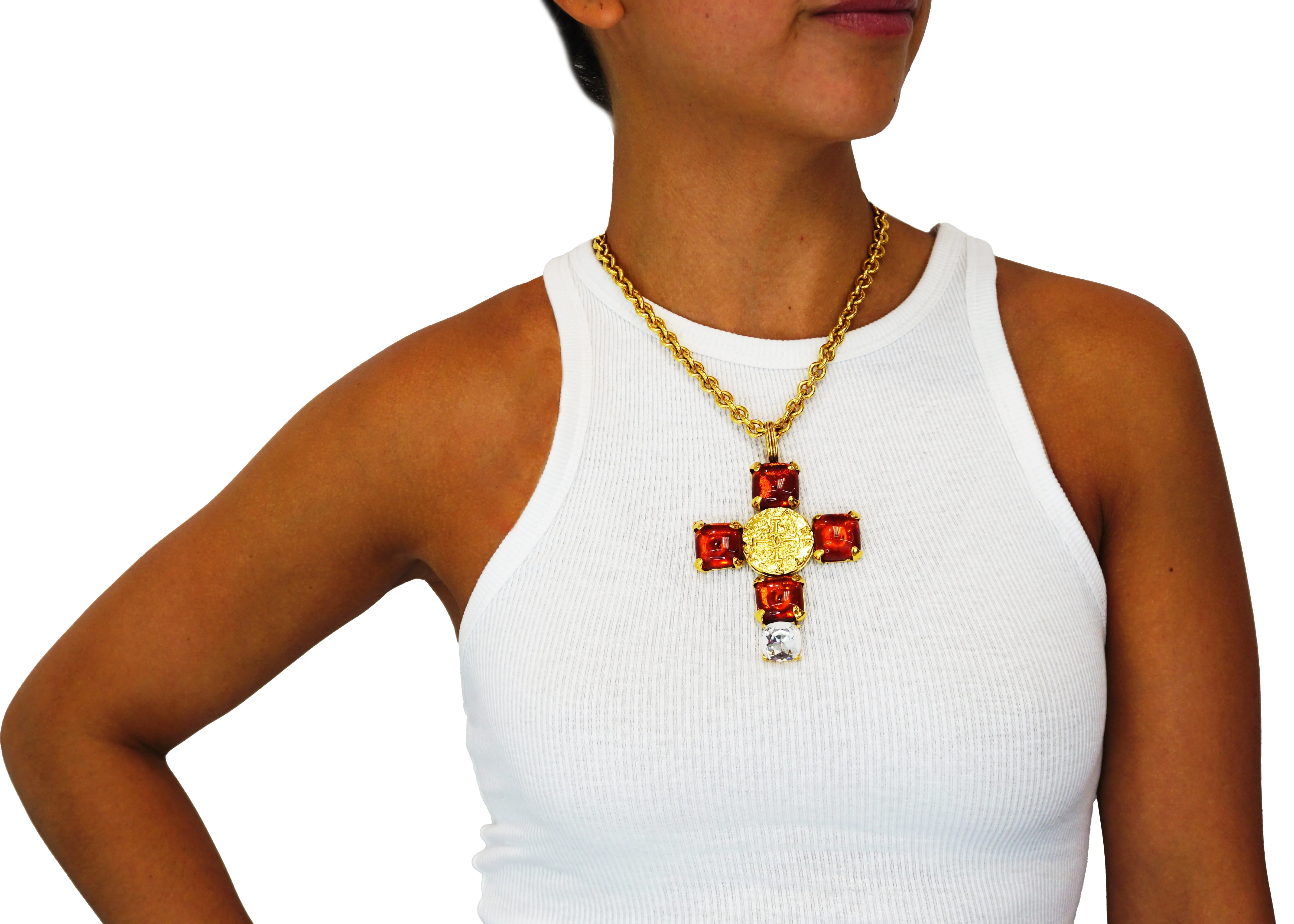 Chanel Vintage Rare Gripoix & Crystal Cross Necklace
