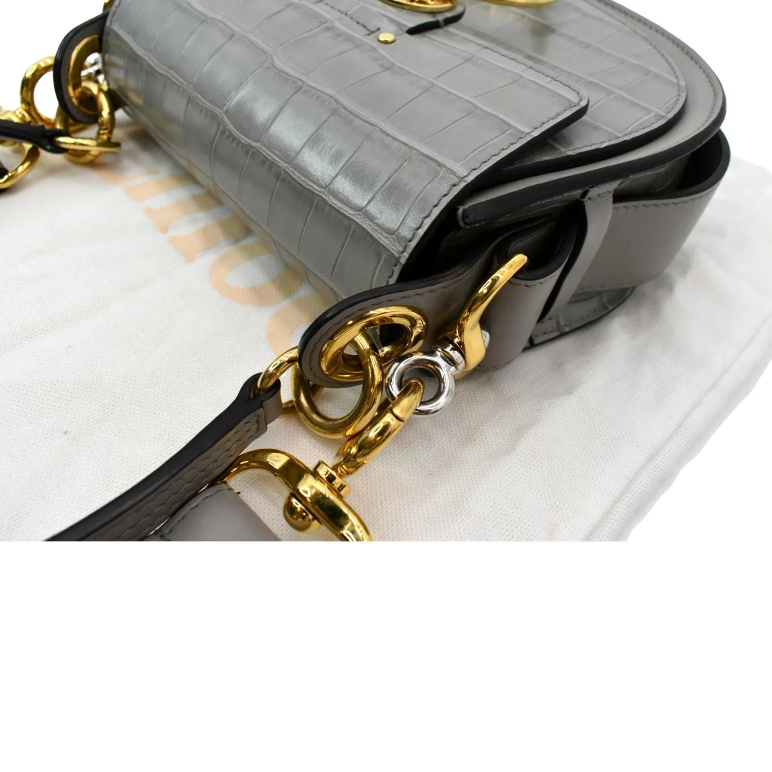 CHLOE Tess Hobo Crocodile Embossed Leather Crossbody Bag Gray