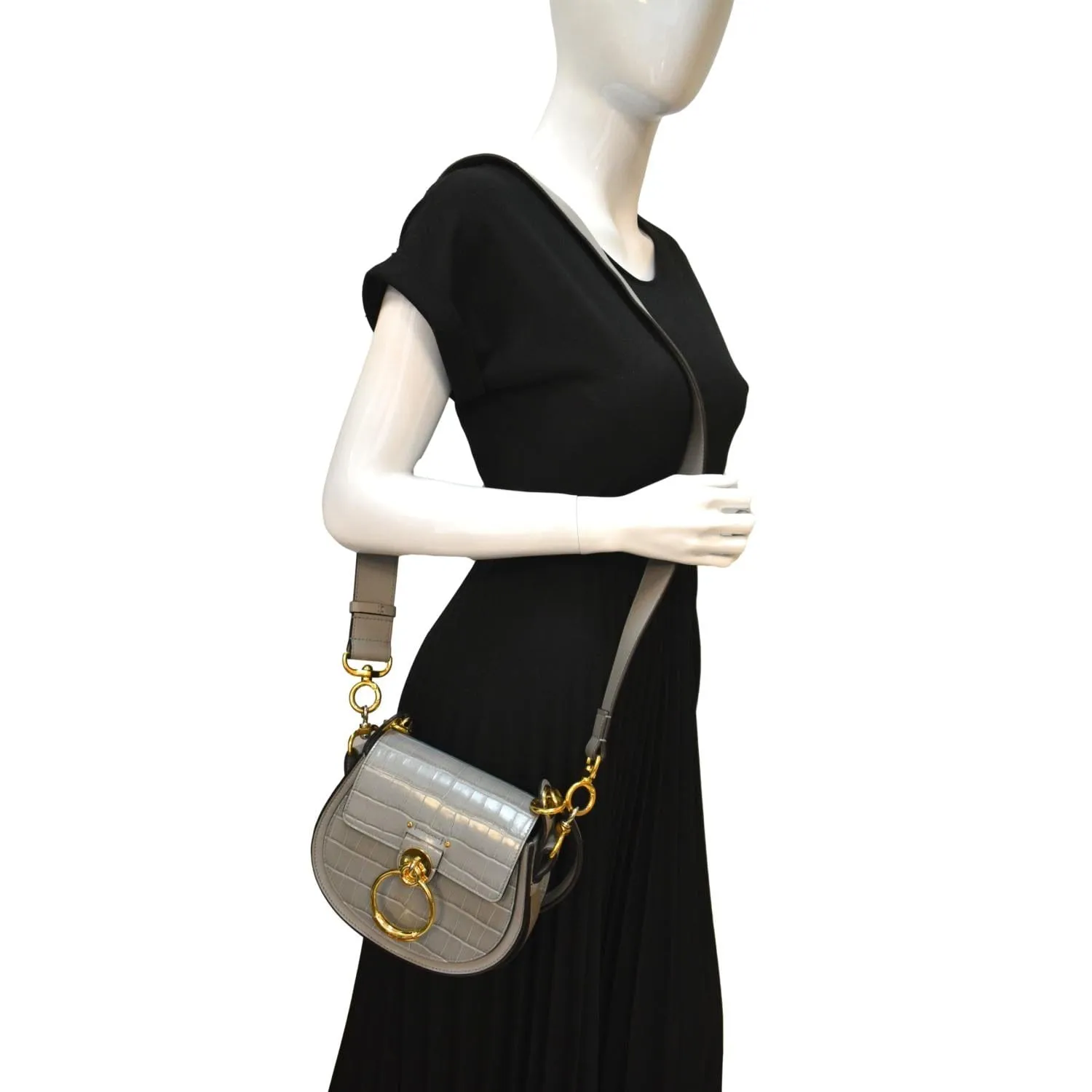 CHLOE Tess Hobo Crocodile Embossed Leather Crossbody Bag Gray