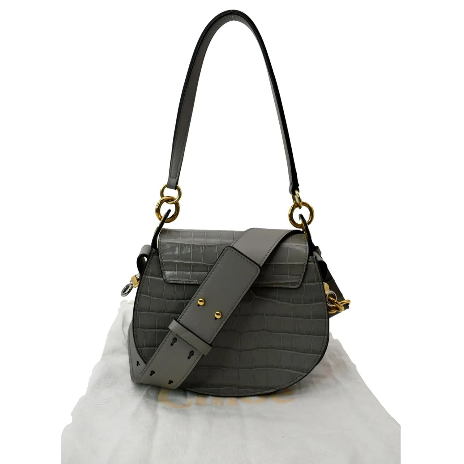 CHLOE Tess Hobo Crocodile Embossed Leather Crossbody Bag Gray