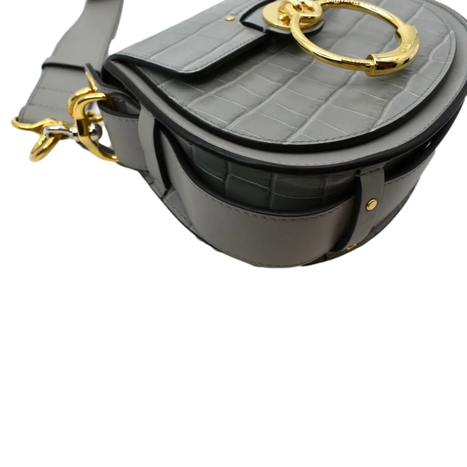CHLOE Tess Hobo Crocodile Embossed Leather Crossbody Bag Gray