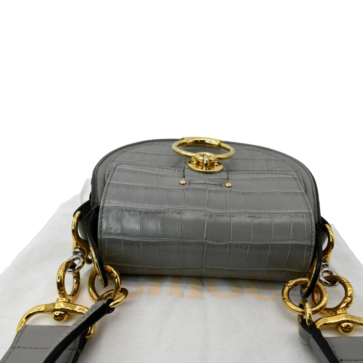 CHLOE Tess Hobo Crocodile Embossed Leather Crossbody Bag Gray