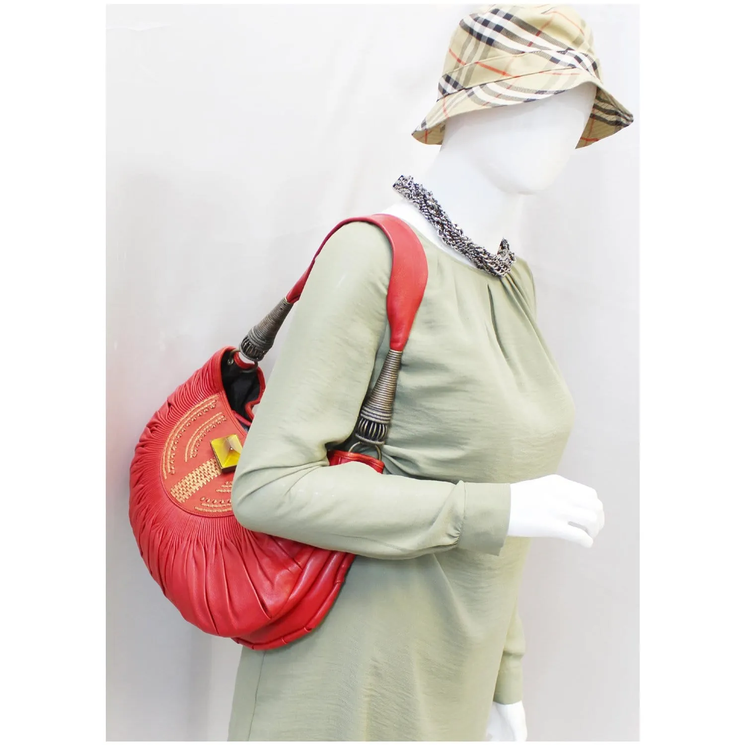 CHRISTIAN DIOR Plisse Pleated Leather Hobo Bag Red - 20% OFF