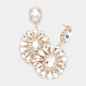 Clear Crystal Oval Stone Centered Teardrop Cluster Pageant Earrings on Gold | 526749