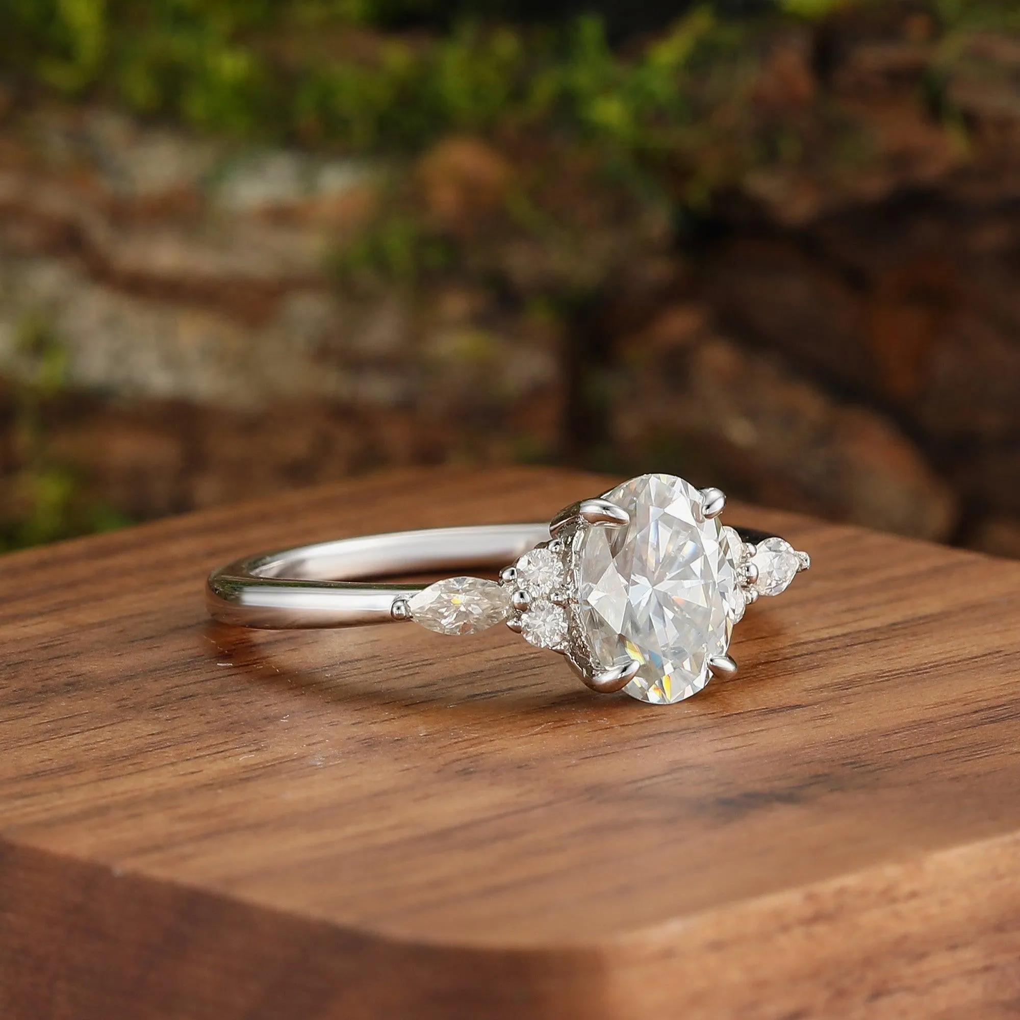 Cluster Oval Moissanite Engagement Sliver Couple Rings Unique Hammered His and Hers Matching Wedding Band
