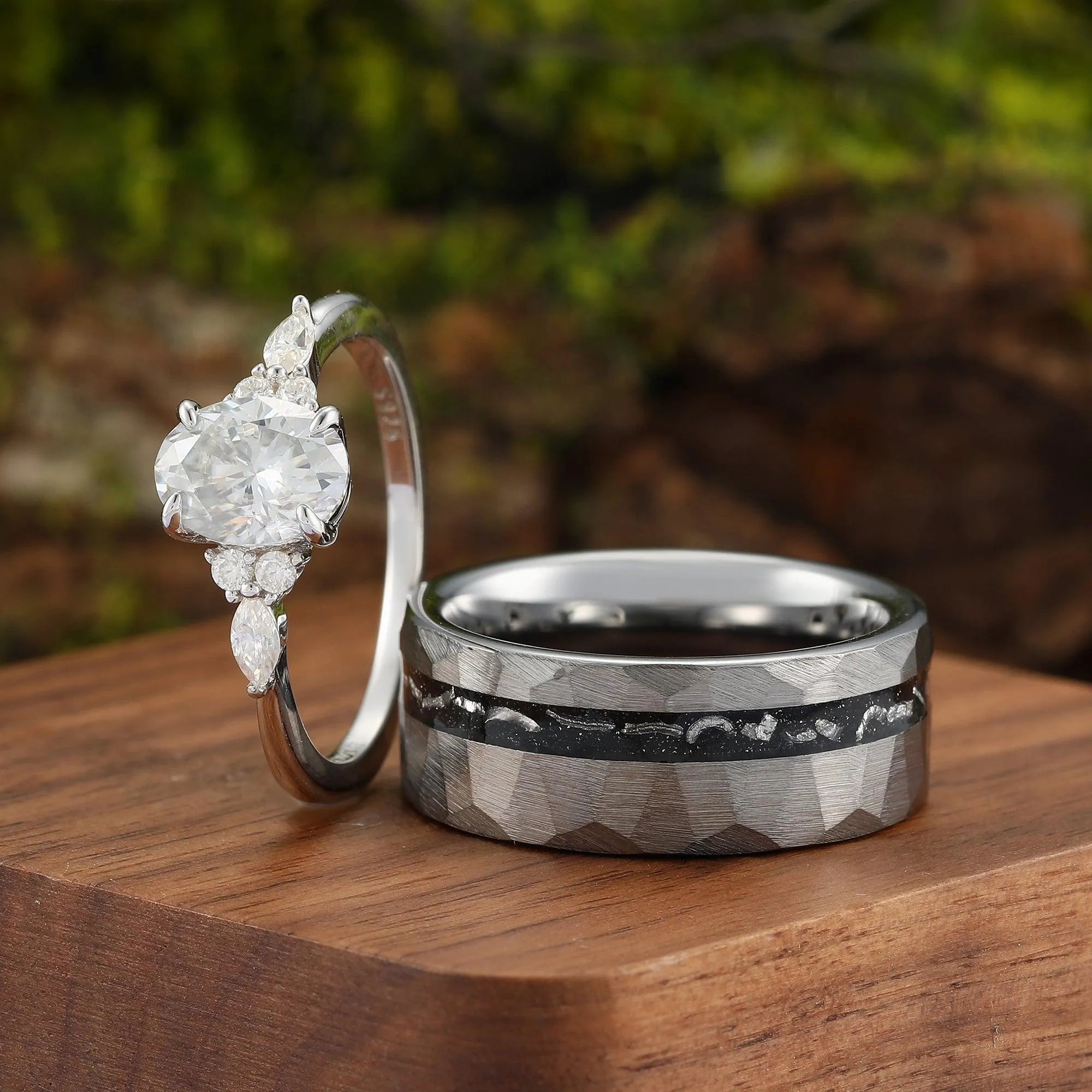 Cluster Oval Moissanite Engagement Sliver Couple Rings Unique Hammered His and Hers Matching Wedding Band