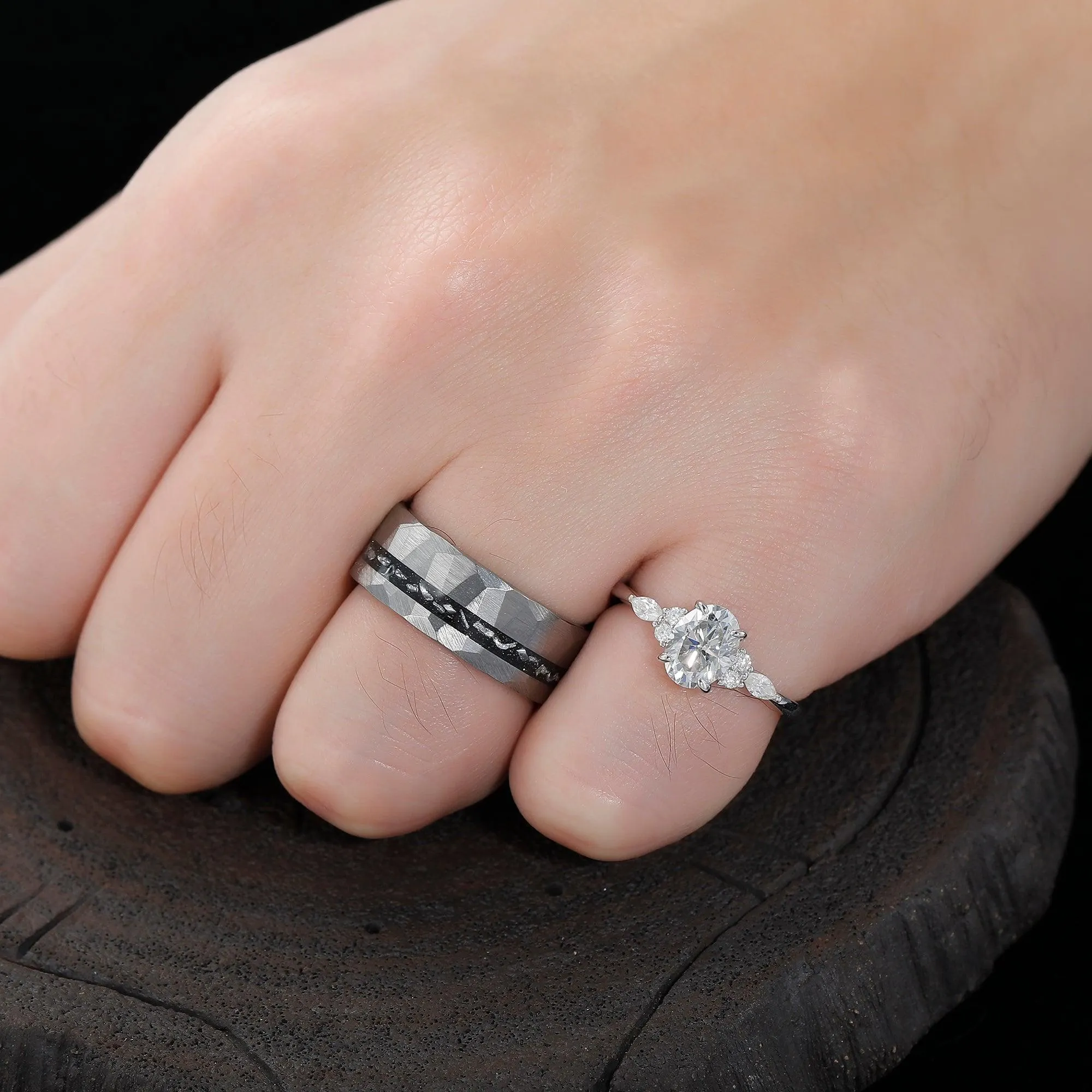 Cluster Oval Moissanite Engagement Sliver Couple Rings Unique Hammered His and Hers Matching Wedding Band