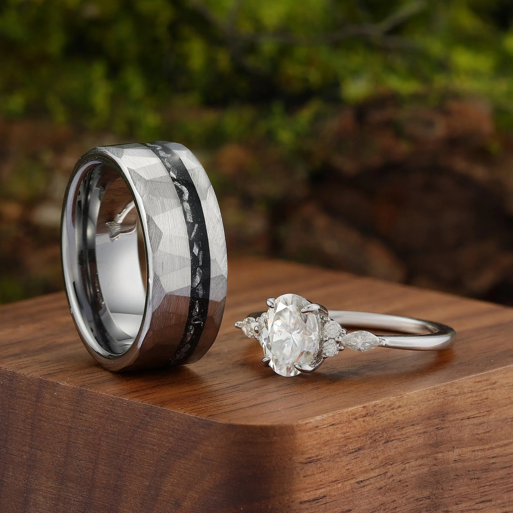Cluster Oval Moissanite Engagement Sliver Couple Rings Unique Hammered His and Hers Matching Wedding Band