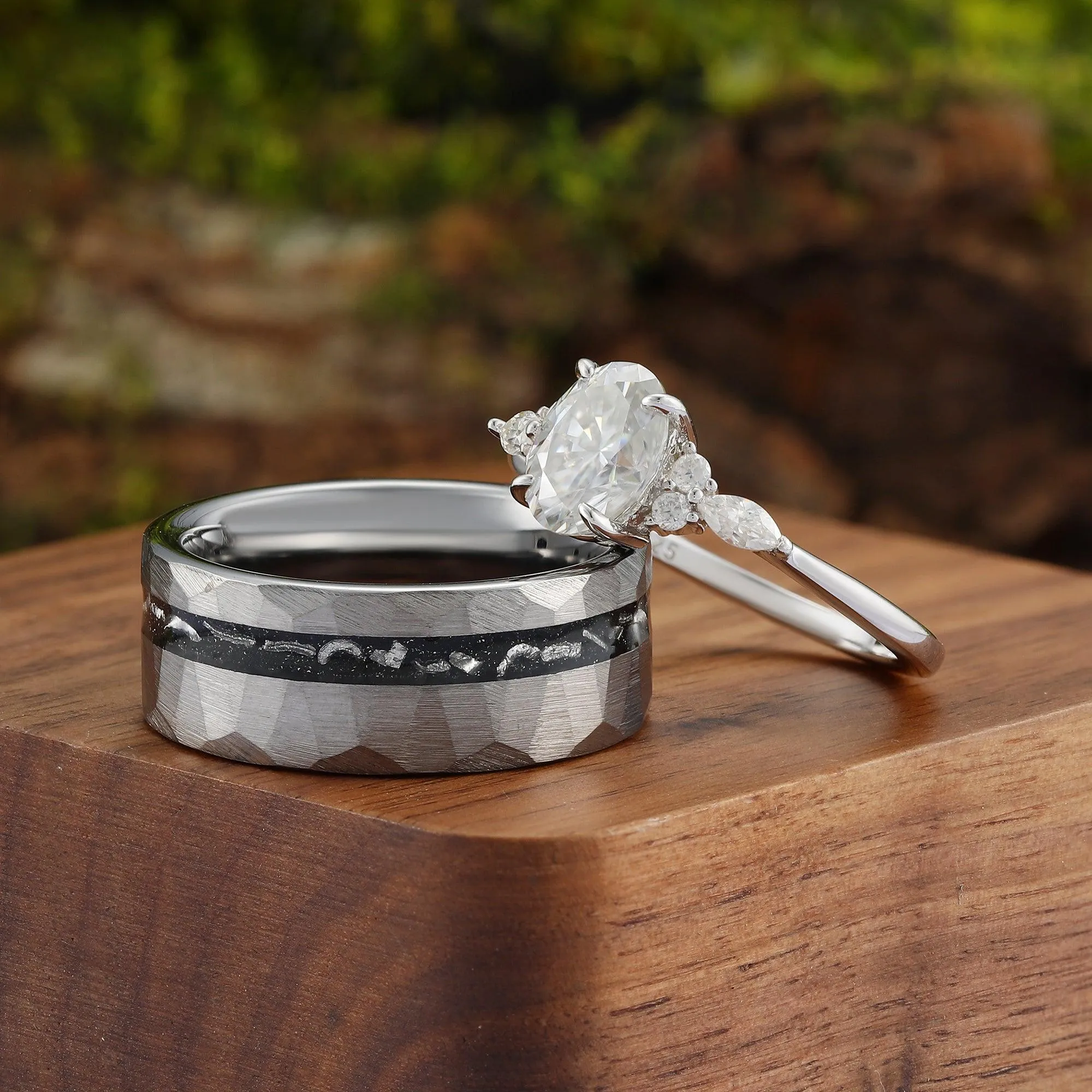 Cluster Oval Moissanite Engagement Sliver Couple Rings Unique Hammered His and Hers Matching Wedding Band