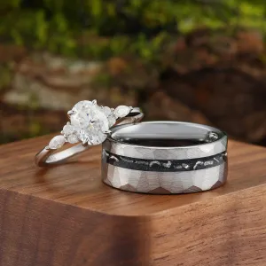 Cluster Oval Moissanite Engagement Sliver Couple Rings Unique Hammered His and Hers Matching Wedding Band