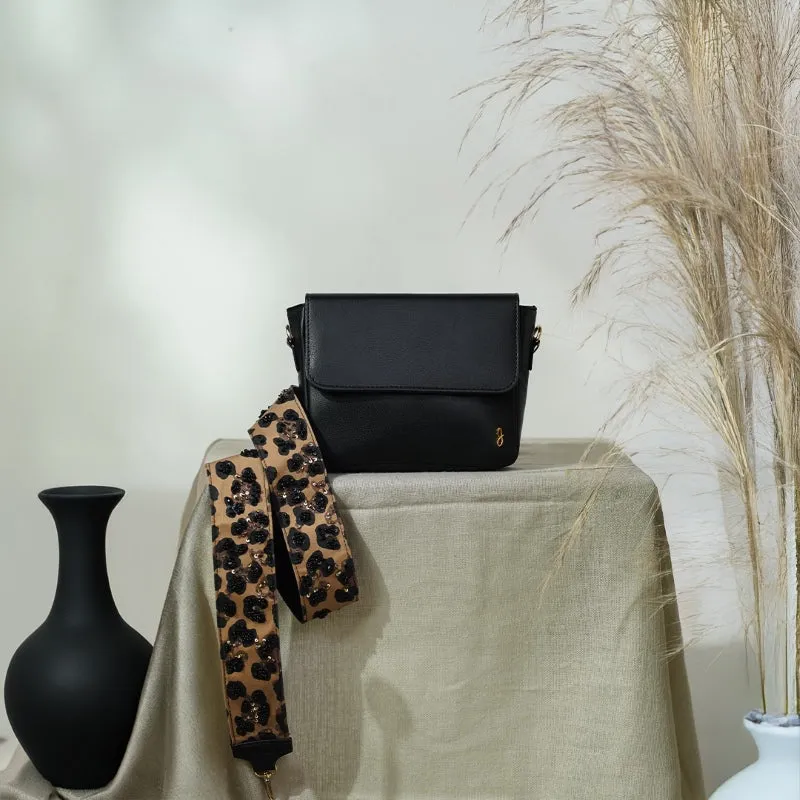 Crossbody Black Bag with Leopard Strap