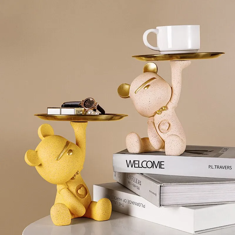 Cute Bear Butler Statue with Tray