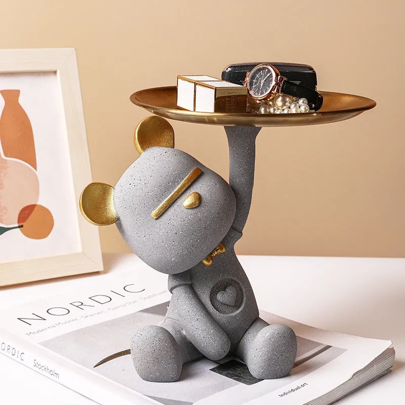 Cute Bear Butler Statue with Tray