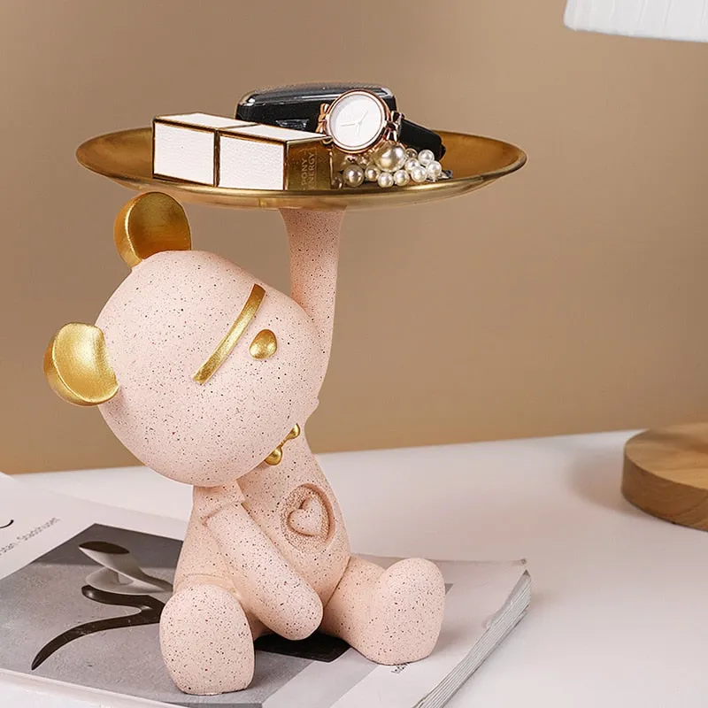 Cute Bear Butler Statue with Tray