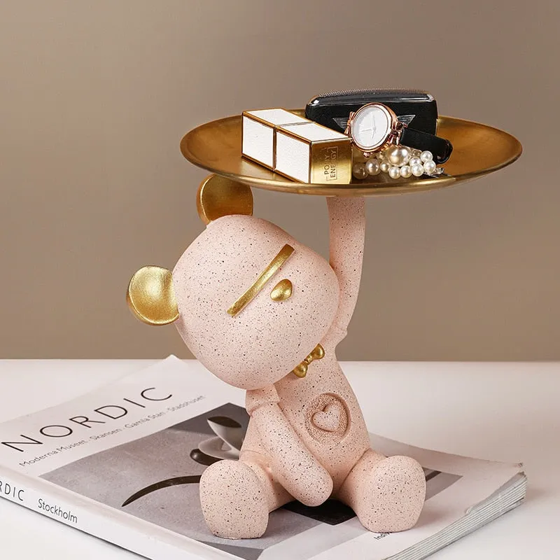 Cute Bear Butler Statue with Tray