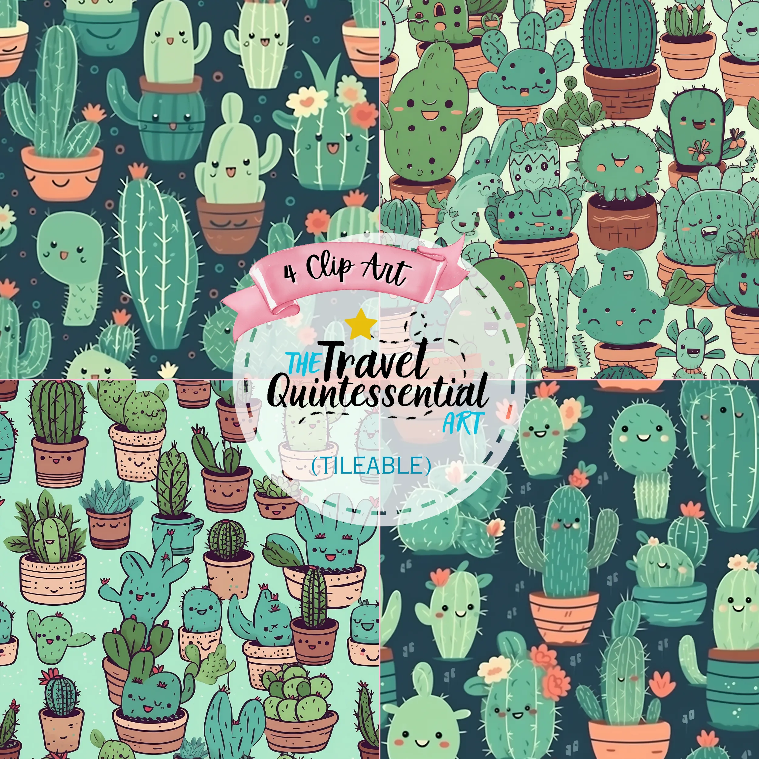 Cute Cactus Cartoon Digital Art SETC001 (Tileable)