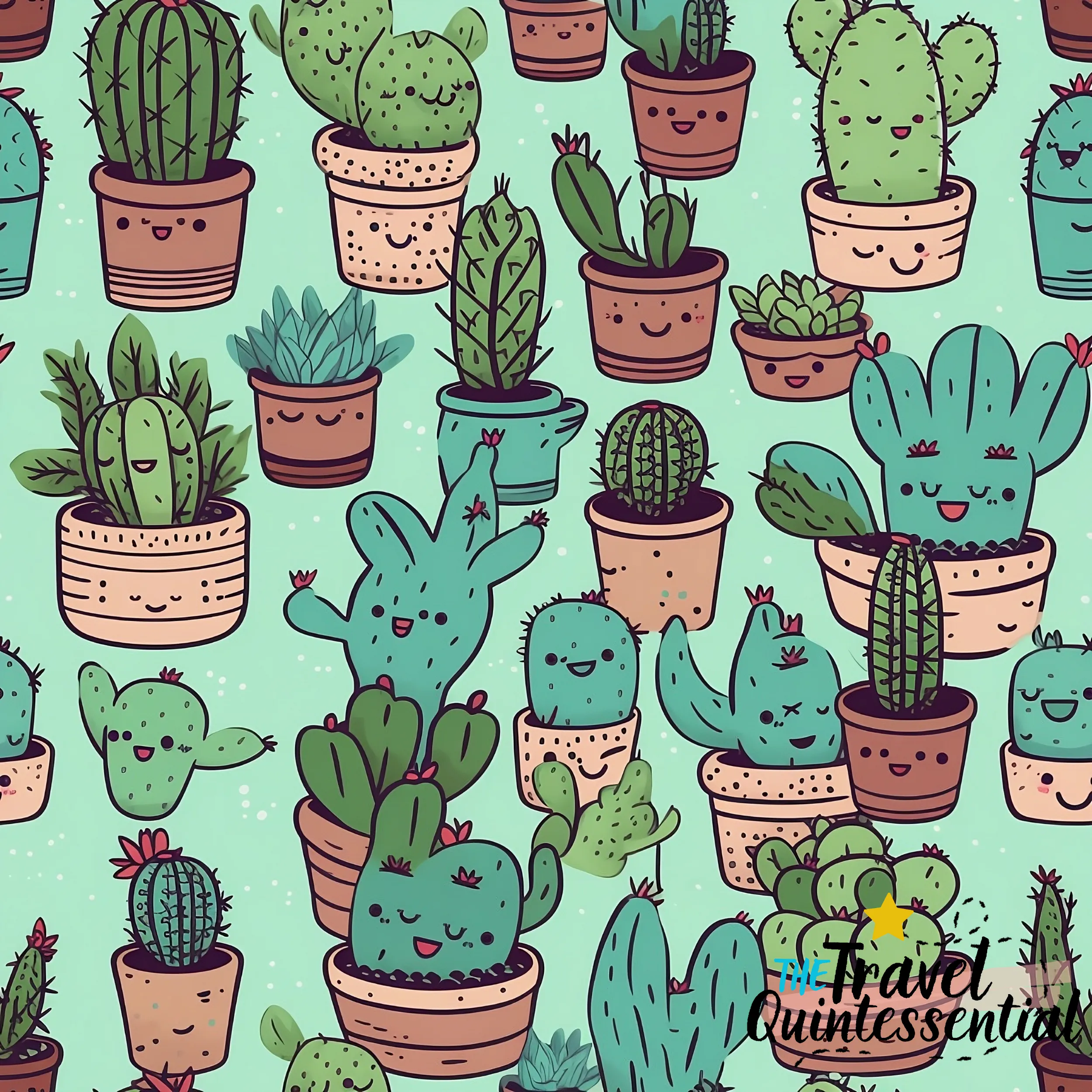 Cute Cactus Cartoon Digital Art SETC001 (Tileable)