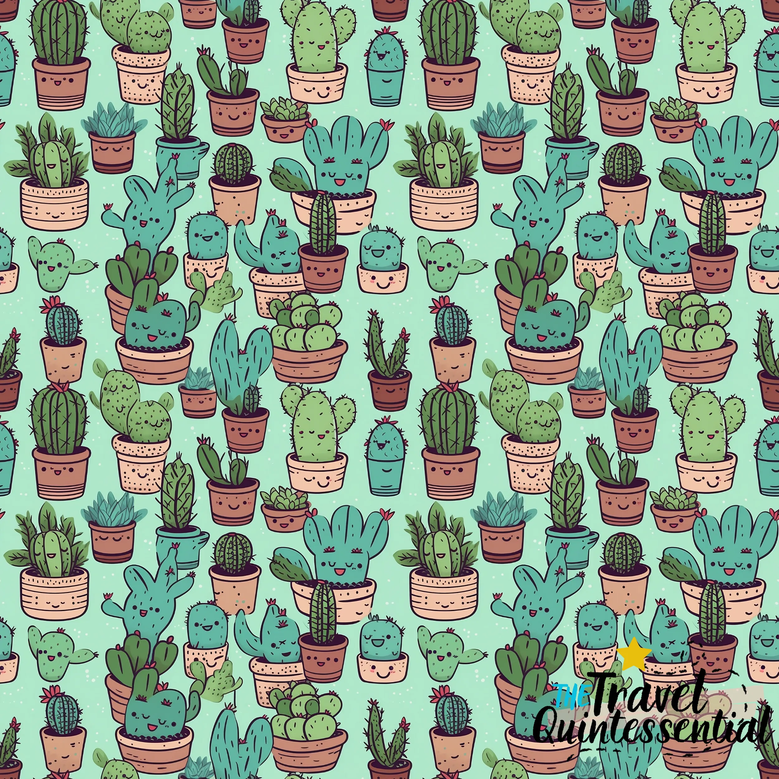 Cute Cactus Cartoon Digital Art SETC001 (Tileable)