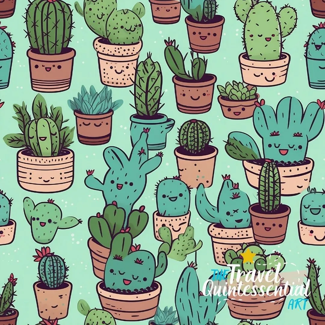 Cute Cactus Cartoon Digital Art SETC001 (Tileable)