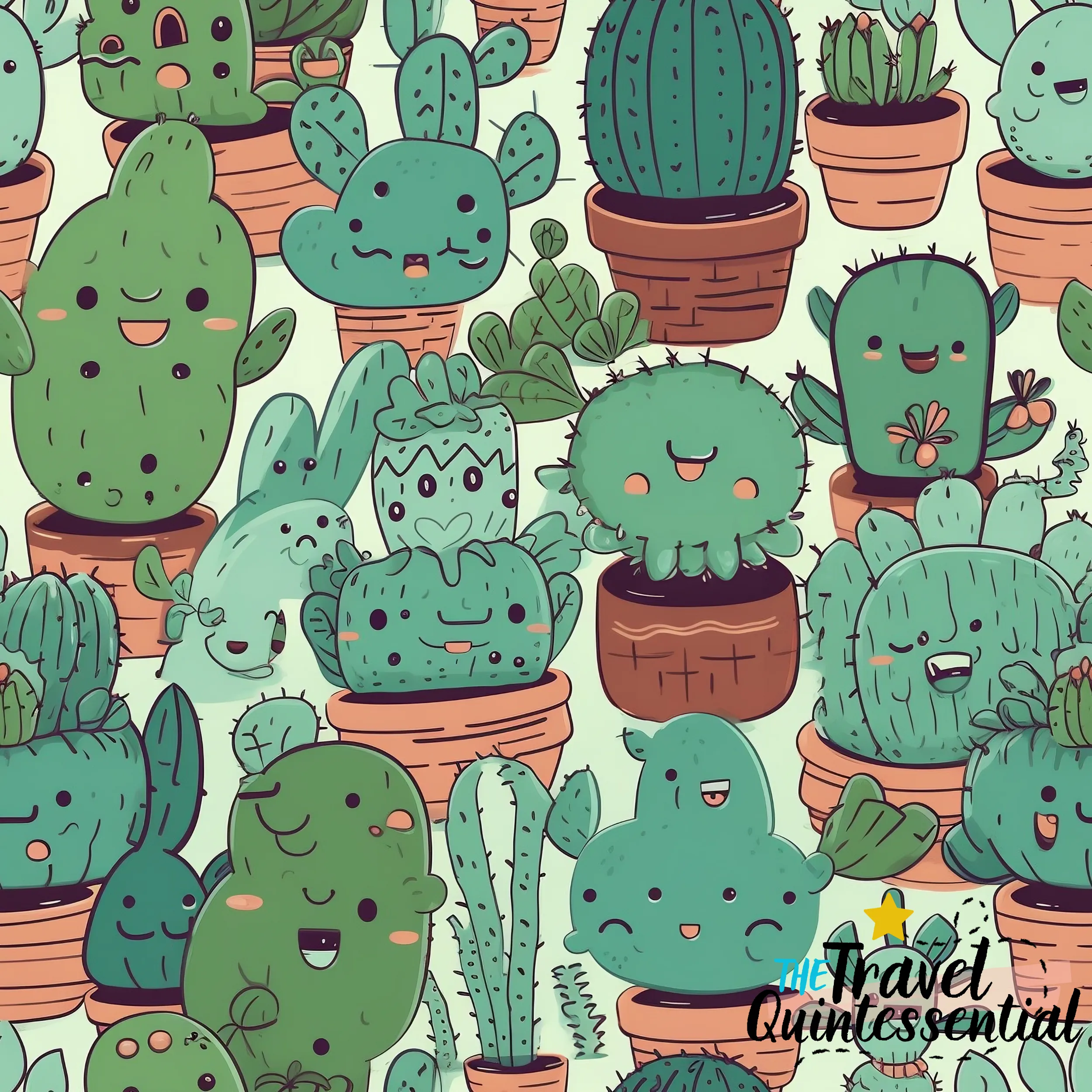 Cute Cactus Cartoon Digital Art SETC001 (Tileable)