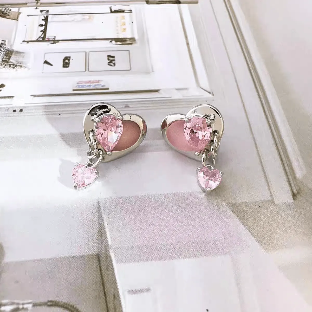 Cute Crystal Dangle Heart Earrings