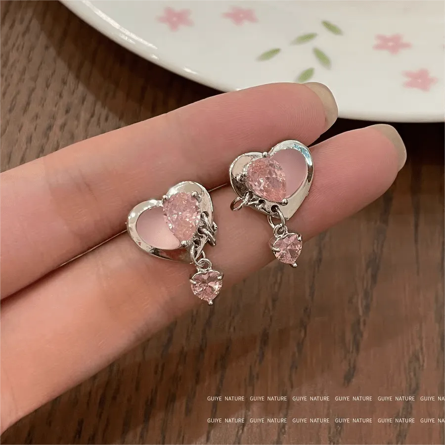 Cute Crystal Dangle Heart Earrings