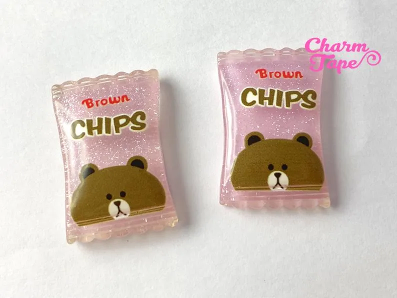 Cute Doll Snack Chip Cabochons, Cute Chip Cabs, Cute Food Cabs/Charms, Kawaii Bear Cabs, 30x18mm M049