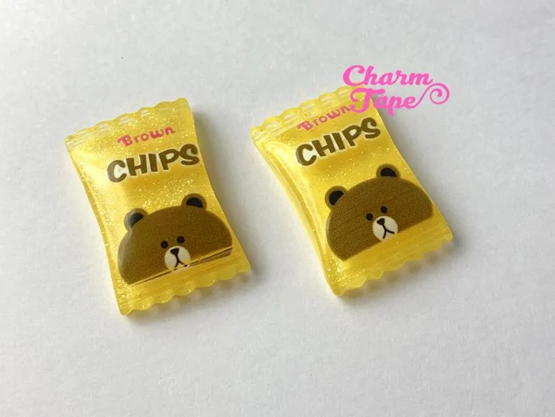 Cute Doll Snack Chip Cabochons, Cute Chip Cabs, Cute Food Cabs/Charms, Kawaii Bear Cabs, 30x18mm M049