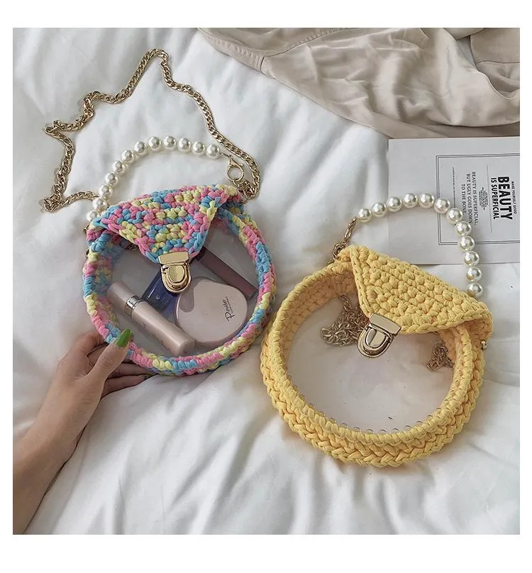 Cute Round White(Flap) Crochet Crossbody Purse PMMA Crochet Shoulder Round Handbag for Girl Circle Crochet Crossbody Purses
