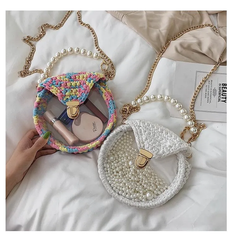 Cute Round White(Flap) Crochet Crossbody Purse PMMA Crochet Shoulder Round Handbag for Girl Circle Crochet Crossbody Purses