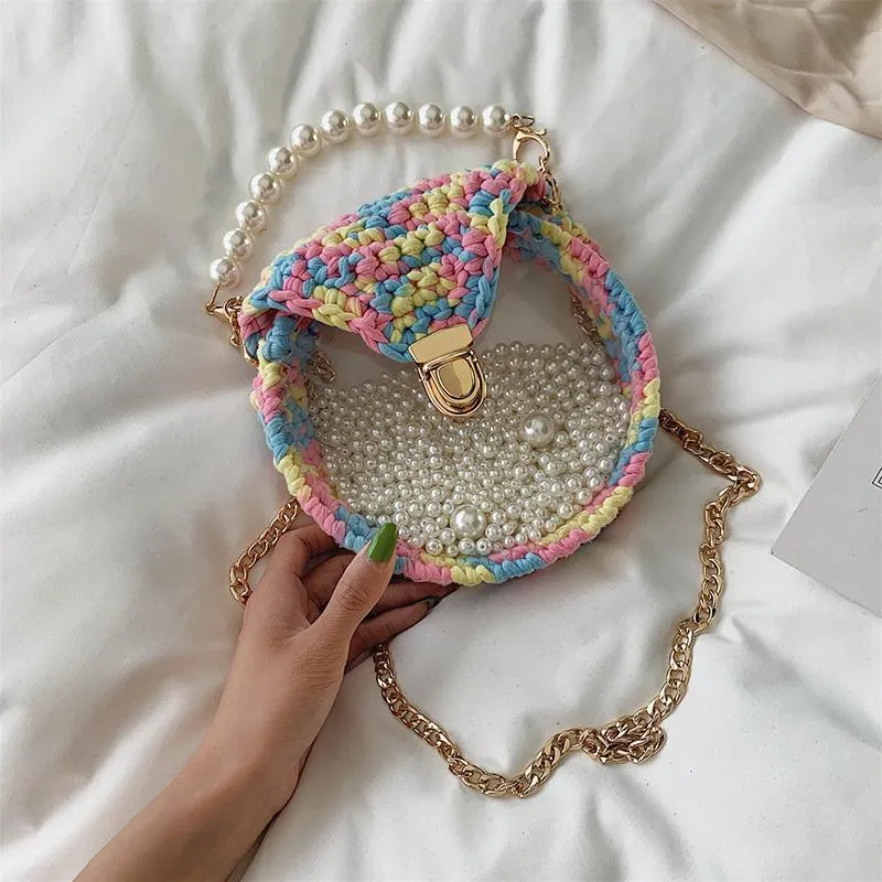 Cute Round White(Flap) Crochet Crossbody Purse PMMA Crochet Shoulder Round Handbag for Girl Circle Crochet Crossbody Purses