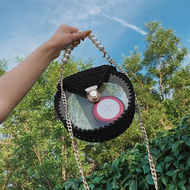 Cute Round White(Flap) Crochet Crossbody Purse PMMA Crochet Shoulder Round Handbag for Girl Circle Crochet Crossbody Purses