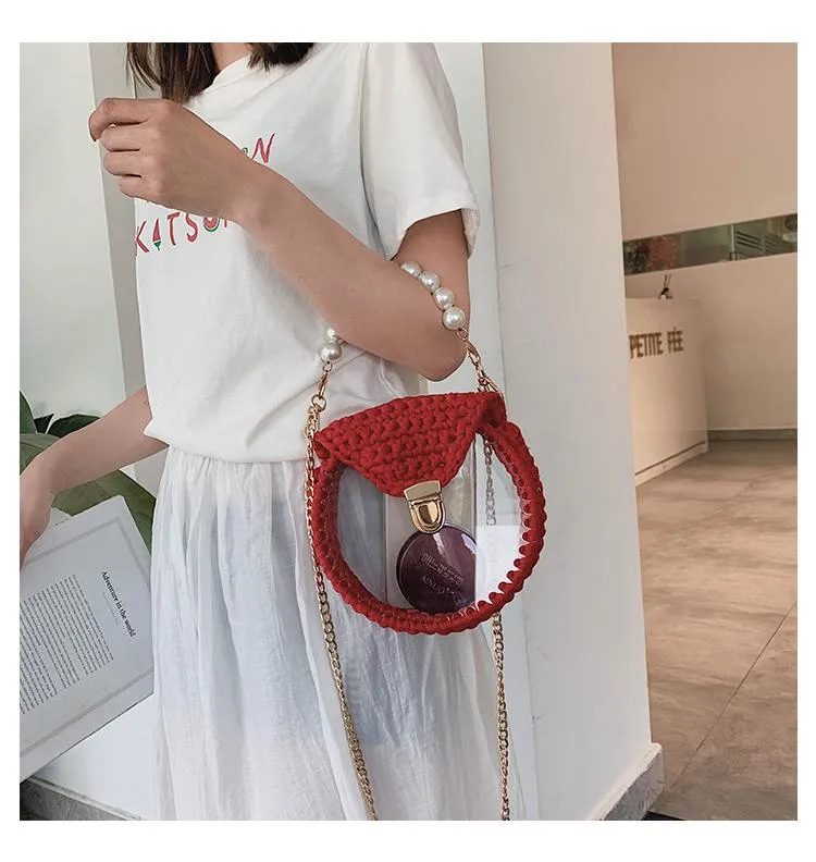 Cute Round White(Flap) Crochet Crossbody Purse PMMA Crochet Shoulder Round Handbag for Girl Circle Crochet Crossbody Purses