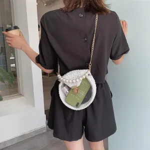 Cute Round White(Flap) Crochet Crossbody Purse PMMA Crochet Shoulder Round Handbag for Girl Circle Crochet Crossbody Purses