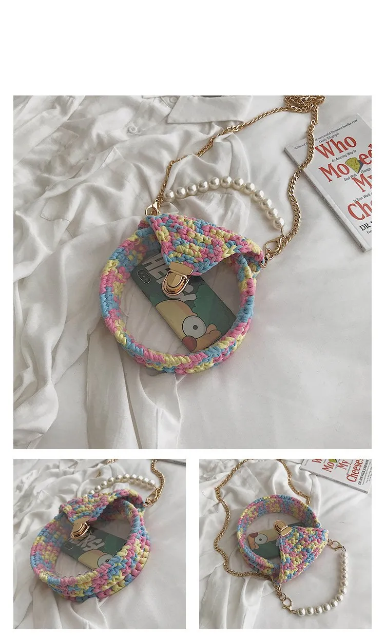 Cute Round White(Flap) Crochet Crossbody Purse PMMA Crochet Shoulder Round Handbag for Girl Circle Crochet Crossbody Purses