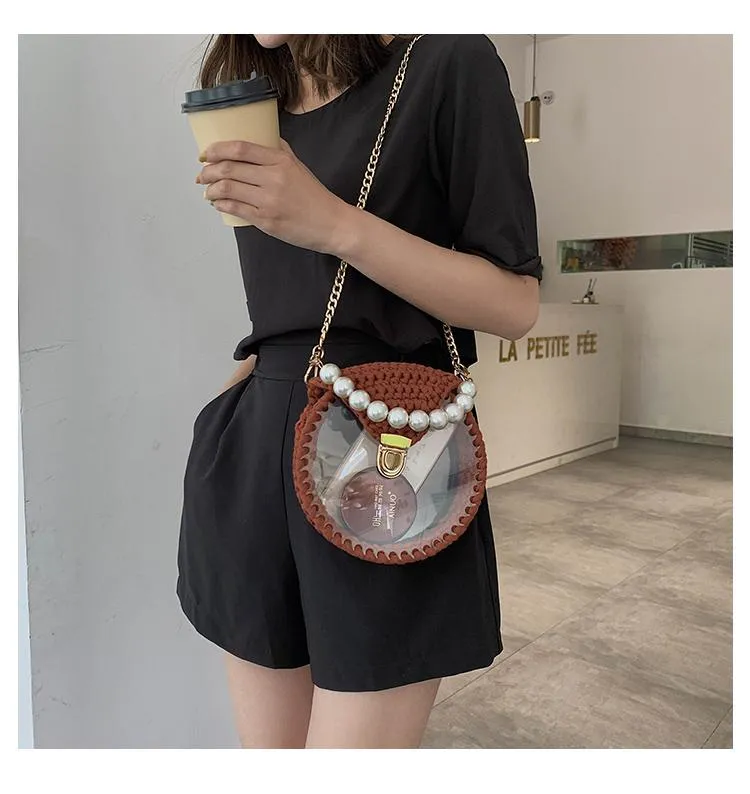 Cute Round White(Flap) Crochet Crossbody Purse PMMA Crochet Shoulder Round Handbag for Girl Circle Crochet Crossbody Purses