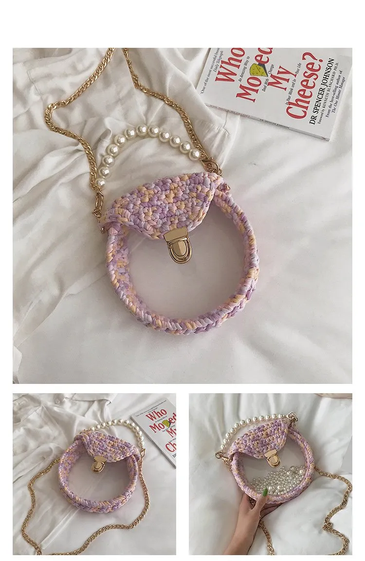 Cute Round White(Flap) Crochet Crossbody Purse PMMA Crochet Shoulder Round Handbag for Girl Circle Crochet Crossbody Purses
