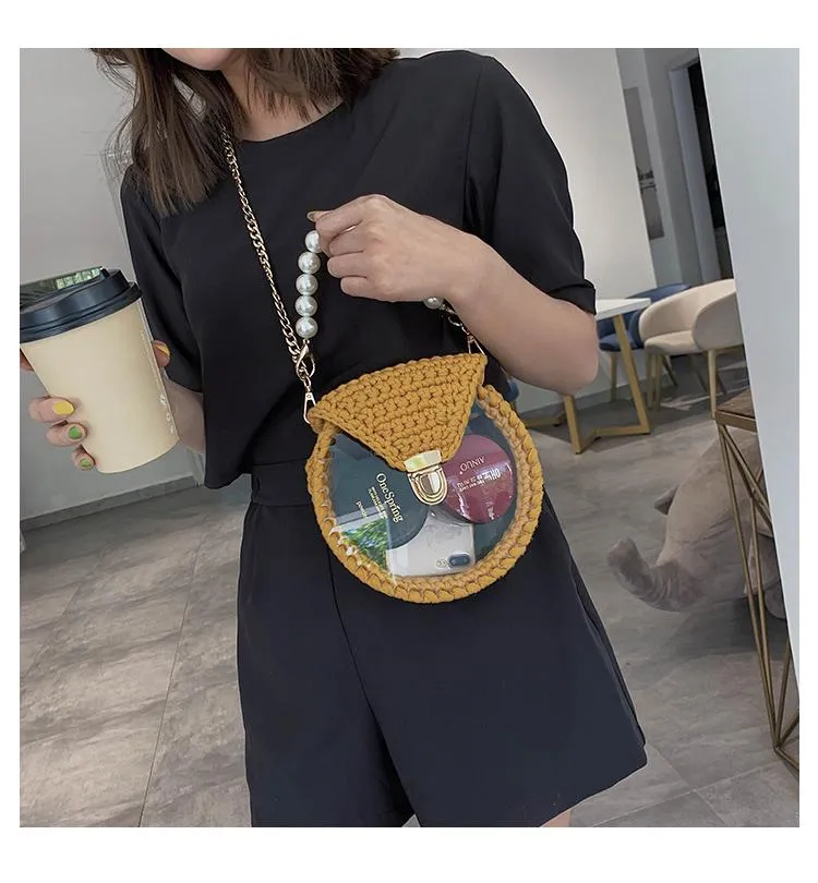 Cute Round White(Flap) Crochet Crossbody Purse PMMA Crochet Shoulder Round Handbag for Girl Circle Crochet Crossbody Purses