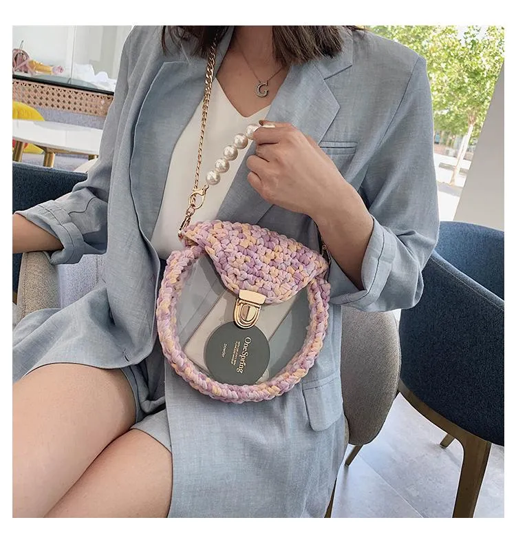 Cute Round White(Flap) Crochet Crossbody Purse PMMA Crochet Shoulder Round Handbag for Girl Circle Crochet Crossbody Purses