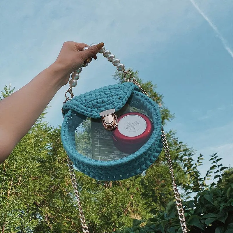 Cute Round White(Flap) Crochet Crossbody Purse PMMA Crochet Shoulder Round Handbag for Girl Circle Crochet Crossbody Purses