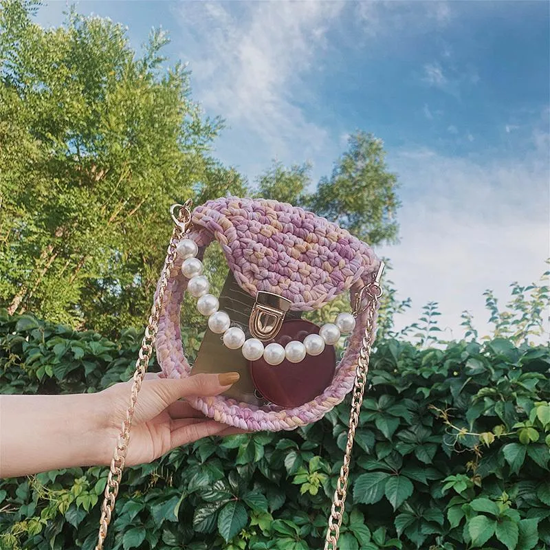 Cute Round White(Flap) Crochet Crossbody Purse PMMA Crochet Shoulder Round Handbag for Girl Circle Crochet Crossbody Purses