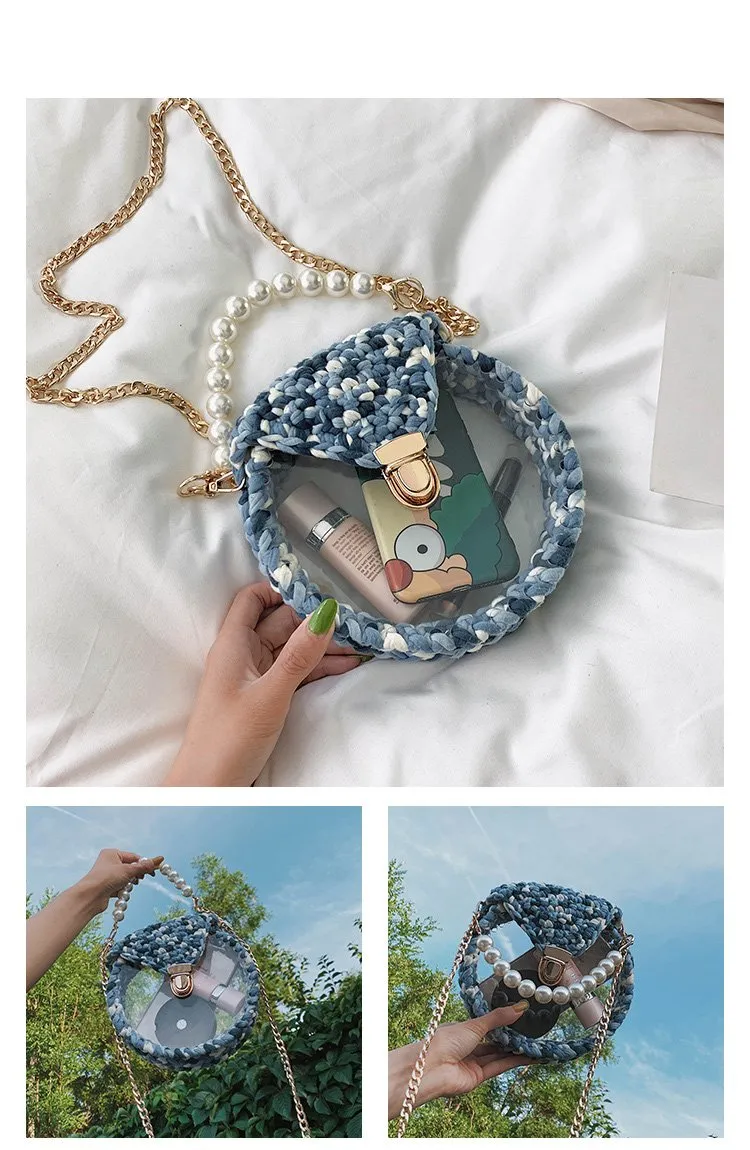 Cute Round White(Flap) Crochet Crossbody Purse PMMA Crochet Shoulder Round Handbag for Girl Circle Crochet Crossbody Purses