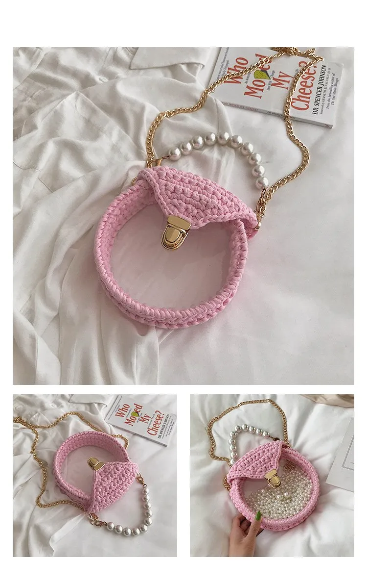 Cute Round White(Flap) Crochet Crossbody Purse PMMA Crochet Shoulder Round Handbag for Girl Circle Crochet Crossbody Purses