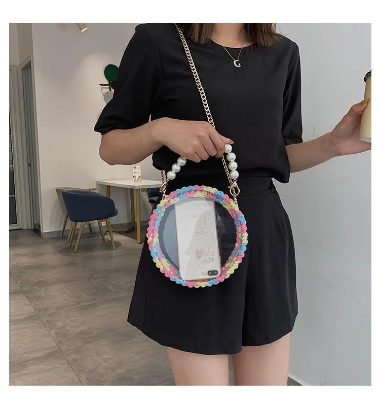 Cute Round White(Flap) Crochet Crossbody Purse PMMA Crochet Shoulder Round Handbag for Girl Circle Crochet Crossbody Purses