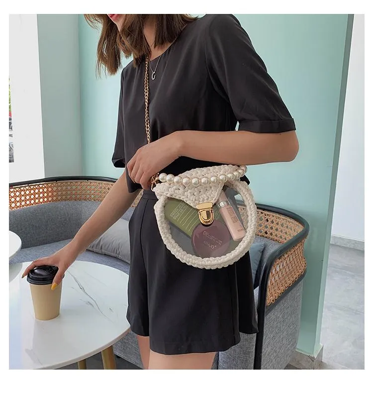 Cute Round White(Flap) Crochet Crossbody Purse PMMA Crochet Shoulder Round Handbag for Girl Circle Crochet Crossbody Purses