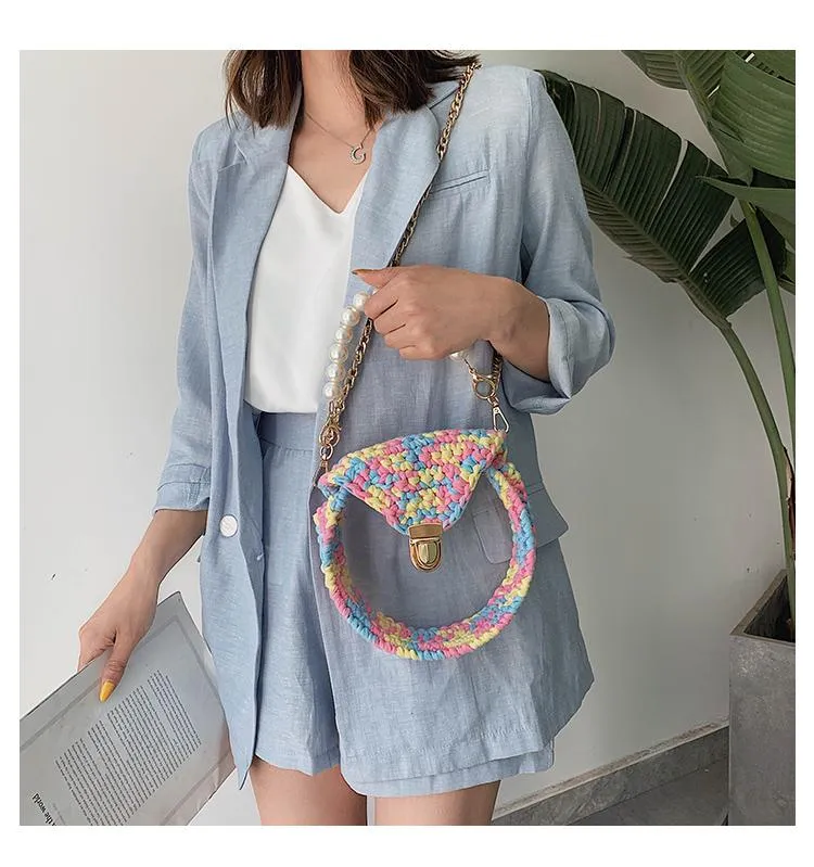 Cute Round White(Flap) Crochet Crossbody Purse PMMA Crochet Shoulder Round Handbag for Girl Circle Crochet Crossbody Purses