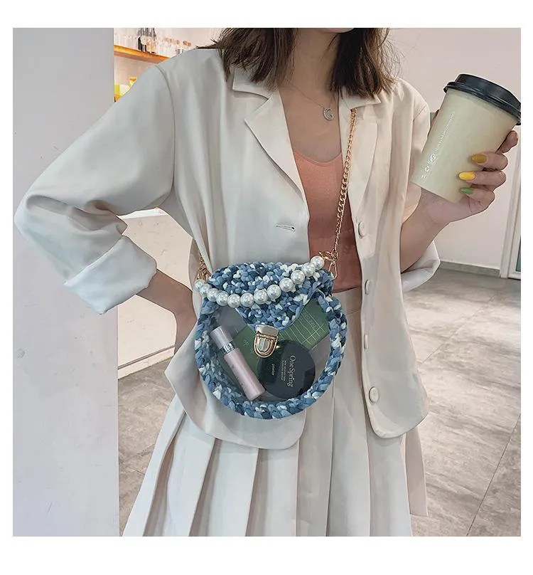 Cute Round White(Flap) Crochet Crossbody Purse PMMA Crochet Shoulder Round Handbag for Girl Circle Crochet Crossbody Purses